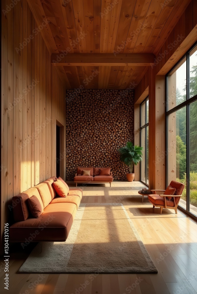 Naklejka premium Sunlit Modern Living Room with Warm Wood Accents and a Log Wall Feature