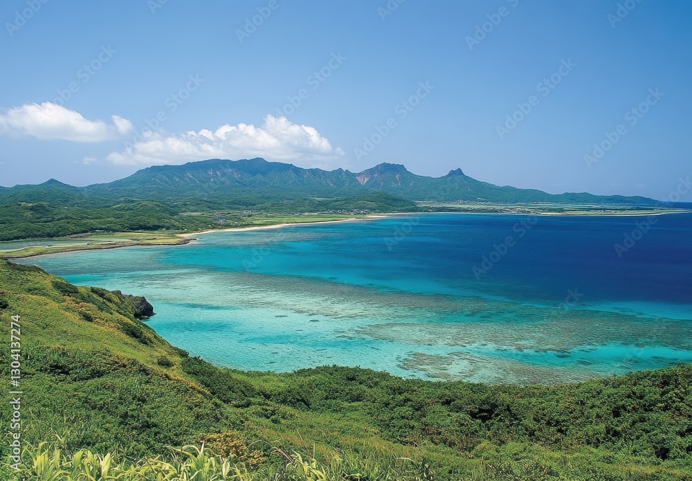 Stunning Coastal Landscape with Clear Blue Waters and Lush Green Hills beneath a Bright Sky in a Tropical Paradise Setting Stunning Coastal Landscape with Clear Blue Waters and Lush Green Hills beneath a Bright Sky in a Tropical Paradise Setting