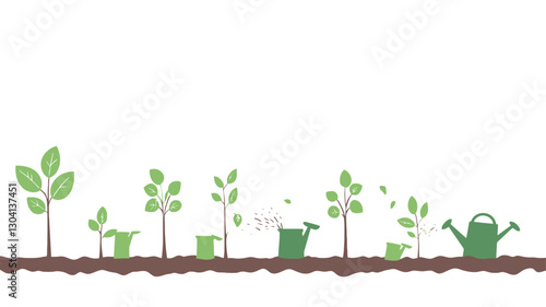 A simplified vector illustration depicting the stages of plant growth from seedling to mature plant.  The image uses a horizontal layout showing a row of plants of increasing size,