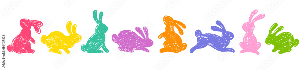 Fototapeta premium Easter bunny silhouette. Crayon rainbow rabbit icon. Vector hare animal, cute kid chalk illustration background. Happy Easter color crayon pastel bunny set. Cute scribble kindergarten rabbit shape bg