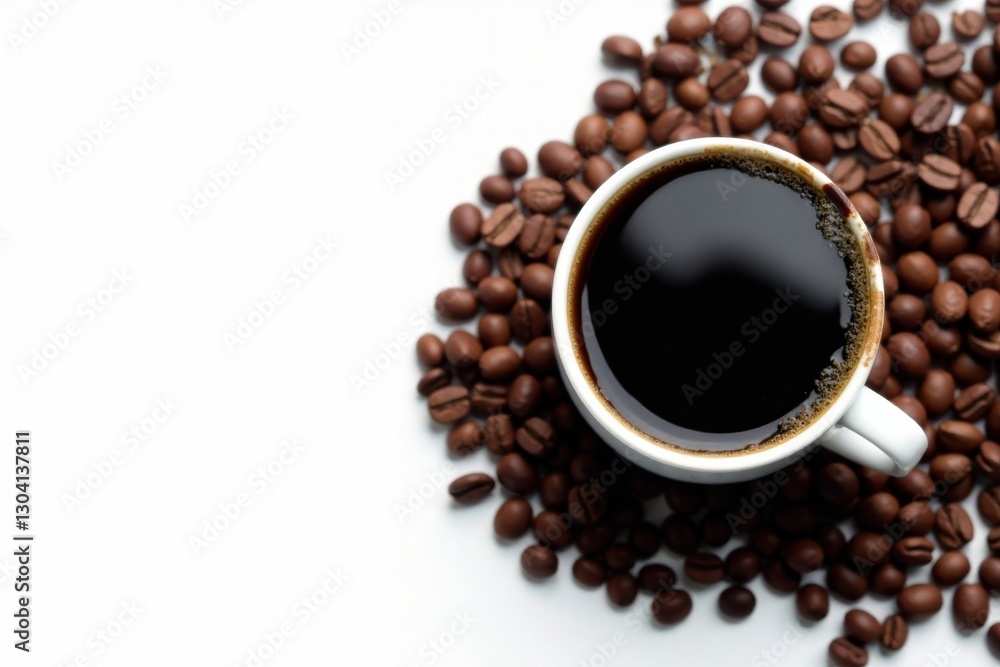 Obraz premium Aromatic Brew Dark Coffee in a White Cup Surrounded by Roasted Beans on a White Background