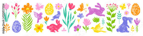 Easter set with cute bunny, egg, butterfly, flower. Crayon kid rainbow color rabbit, bird chick, leaf. Hand drawn spring vector drawing. Happy Easter cute bg. Chalk clipart. Bunny, egg, flower, chick