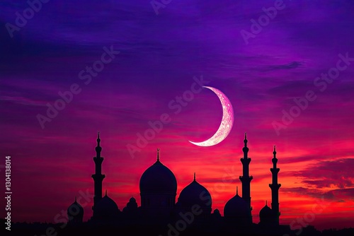 Silhouette of Mosque at Sunset, Crescent Moon, Ramadan photo