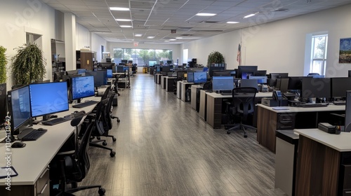 Modern office workspace  rows of computers  daytime  open-plan layout  business