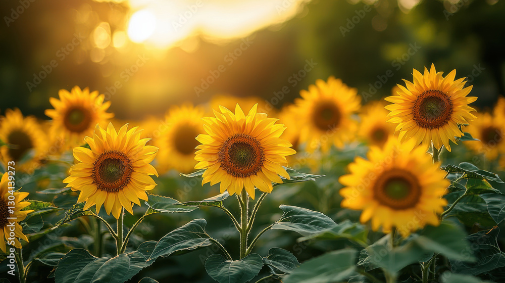 Obraz premium vibrant field of sunflowers basking in warm spring sunlight, creating serene and joyful atmosphere. golden blooms stand tall against blurred green background, capturing essence of nature beauty