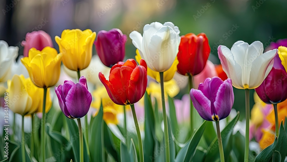 Vibrant tulips in full bloom, spring garden display Vibrant tulips in full bloom, spring garden display
