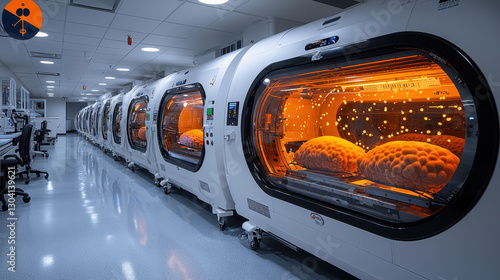 futuristic biotech lab with advanced equipment growing human organs in sterile environment. lab features high tech incubators with glowing interiors, showcasing scientific innovation