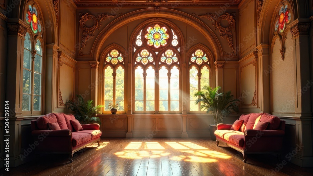 Fototapeta premium Sunlit elegance in a grand room with ornate detailing and stained-glass windows