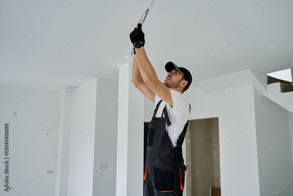 Professional electrician wearing gloves installing light bulb in ceiling socket. Home electrical work during renovation