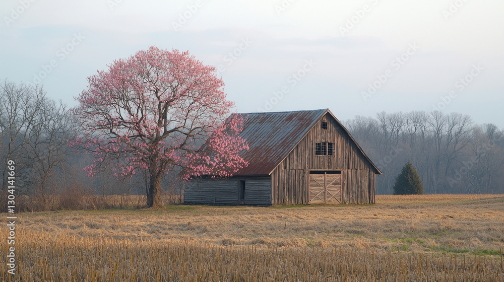 rustic barn stands beside blossoming tree in serene countryside landscape, surrounded by fields and distant trees under soft sky rustic barn stands beside blossoming tree in serene countryside landscape, surrounded by fields and distant trees under soft sky