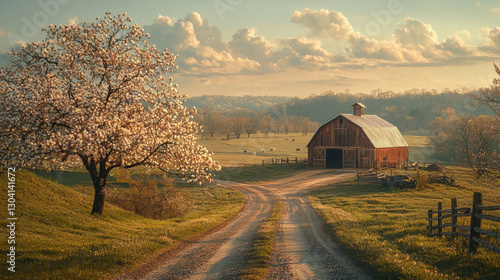 peaceful countryside scene with barn and blossoming tree under cloudy sky, creating serene atmosphere. dirt road leads to barn, surrounded by lush green fields