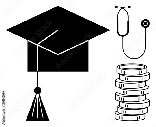 Graduation cap, stethoscope, and coin stack representing education, healthcare, and economic growth. Ideal for learning, career, success financial planning loans medical studies investment. Flat