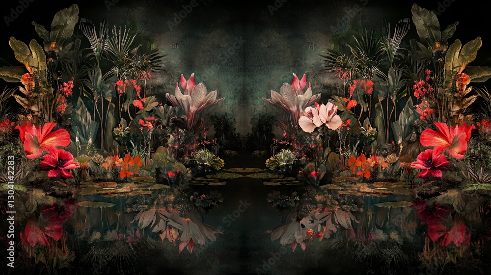 custom made wallpaper toronto digitalDark Moody Tropical Floral Reflection Artwork