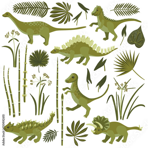 vector drawing set of green dinosaurs, plants and leaves, cartoon elements isolated at white background, hand drawn illustration
