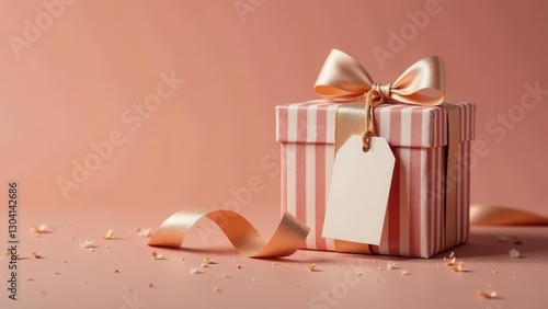 A delicately wrapped gift box with a pink and white striped pattern, adorned with a gold ribbon and bow, and a blank gift tag, rests on a peach-colored surface, scattered with confetti.