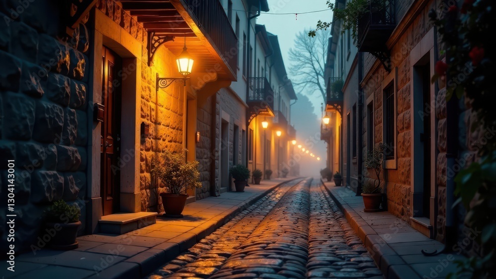 Fototapeta premium A misty evening scene on a quaint cobblestone street, lined with charming stone buildings, illuminated by warm gaslights, creates a serene and peaceful atmosphere.