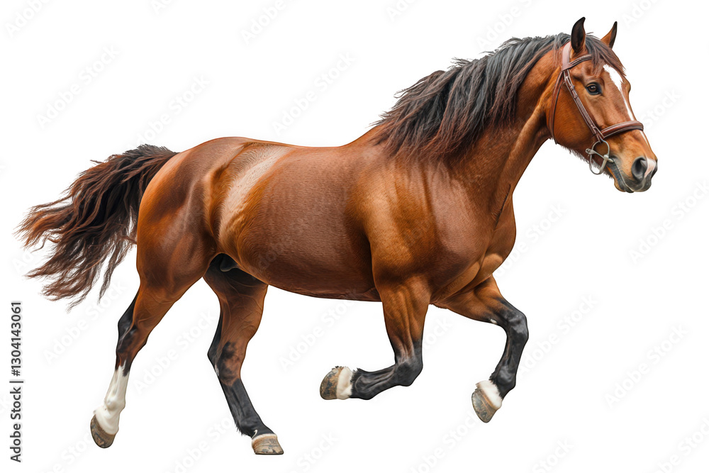 Fototapeta premium A beautiful brown horse galloping gracefully against a white background, showcasing its powerful physique.