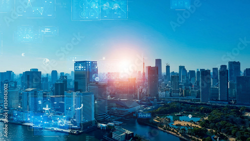 都市、テクノロジー、都会、設計、建設、データ、経済、金融、グラフ、DX、GUI、ICT、マーケティング、マーケット、市場、ネットワーク、未来、ビル群、画面、バーチャル、VR、分析、フィンテック、不動産、マンション、ビル、社会、現代、建築、高層ビル、摩天楼、日本、東京、都心、空撮、俯瞰、ドローン、ハイアングル、展望、パノラマ、地平線、風景、景色、景観、青空、スピード、予測、観測、計測、デザイン