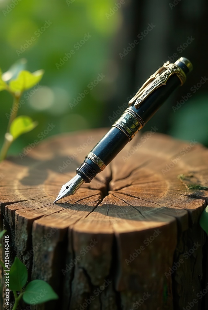 Naklejka premium Elegant fountain pen rests on a weathered tree stump in a serene outdoor setting