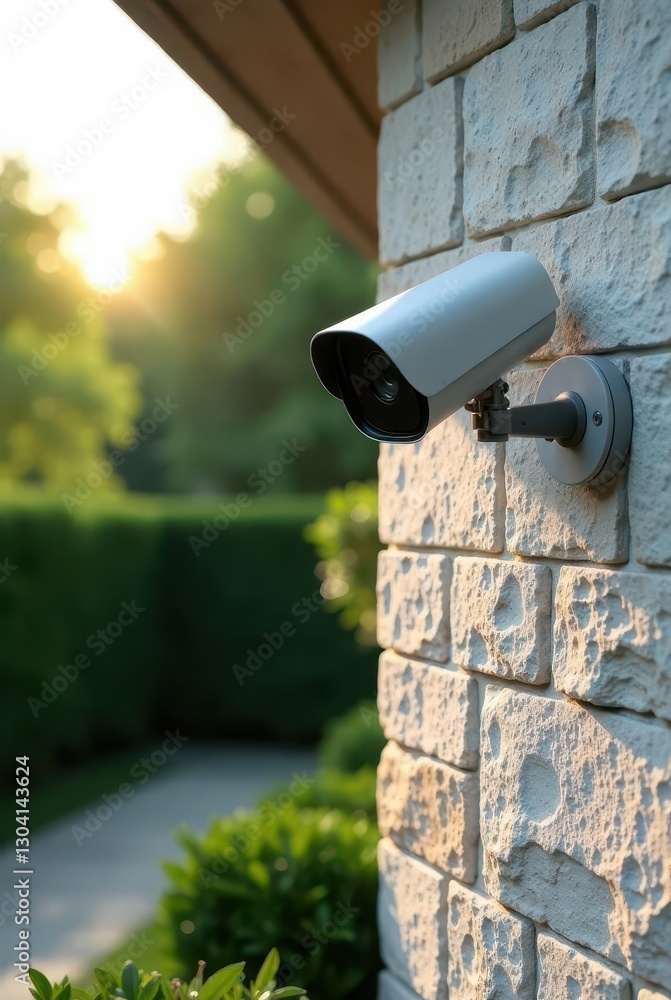 A modern security camera mounted on a light-colored brick wall, overlooking a lush green landscape bathed in the warm glow of the setting sun, providing a sense of safety and peace of mind. A modern security camera mounted on a light-colored brick wall, overlooking a lush green landscape bathed in the warm glow of the setting sun, providing a sense of safety and peace of mind.