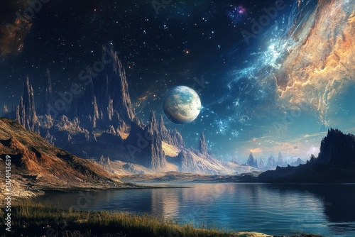 A mythical realm under an enigmatic planet. A mythological landscape and an abstract planet overlooking the galaxy photo