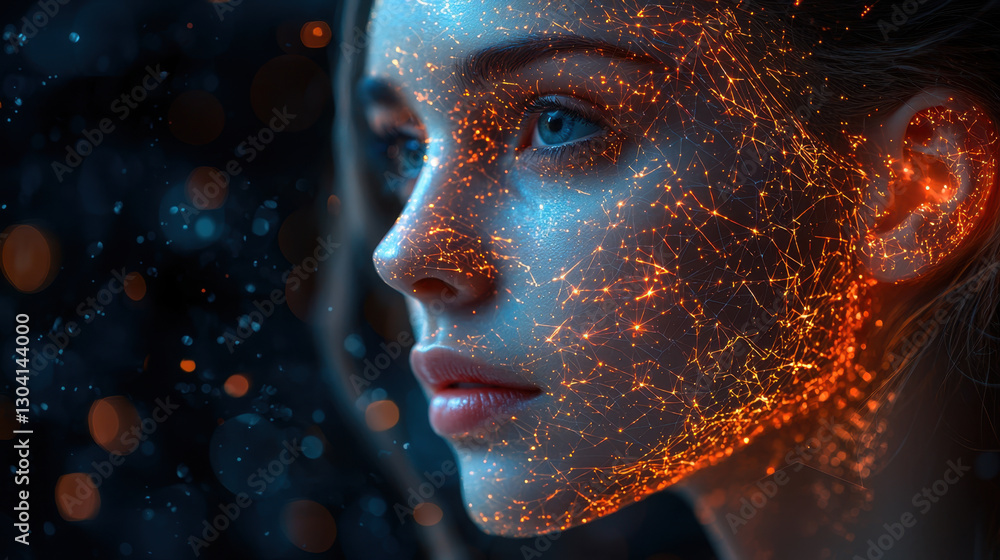woman face illuminated by glowing digital network lines, symbolizing technology and connection. futuristic design highlights innovation and integration of human and digital elements