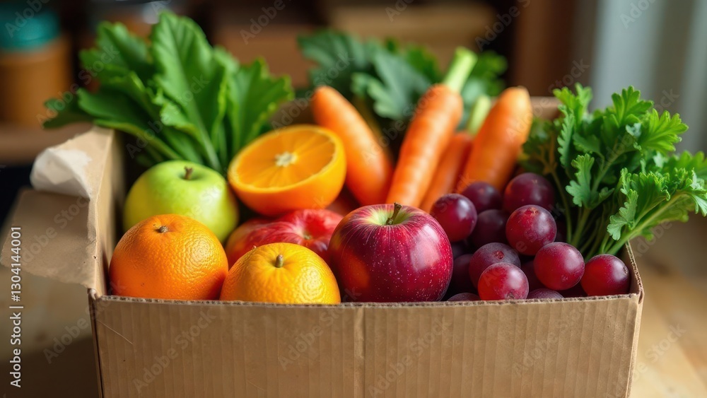 A cardboard box overflowing with fresh, vibrant fruits and vegetables, a healthy and delicious mix perfect for a nutritious meal or snack. A cardboard box overflowing with fresh, vibrant fruits and vegetables, a healthy and delicious mix perfect for a nutritious meal or snack.