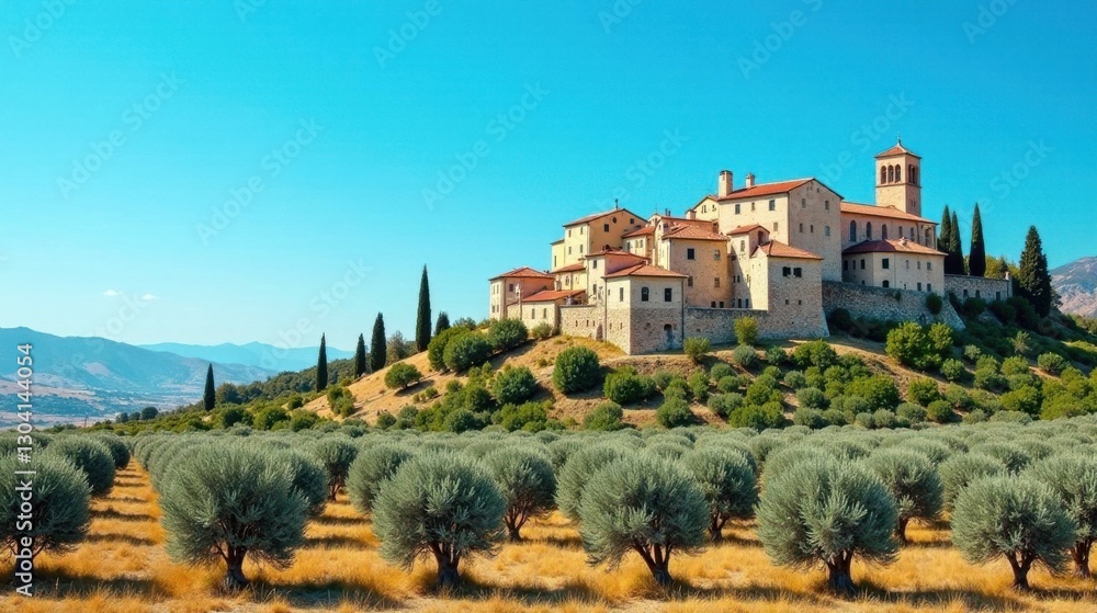 Obraz premium Ancient Stone Chateau Overlooking Expansive Olive Grove Under a Vibrant Summer Sky