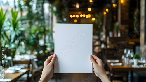 Woman holding a blank white A4 paper mockup in a cozy restaurant interior with warm lighting