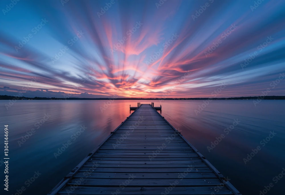 Naklejka premium Serene Sunset Lake Scene. Tranquil Wooden Dock Reflects Pastel Sky. Relaxing Waterscape For Meditation. A Peaceful View. Golden Hour. Nature's Beauty.