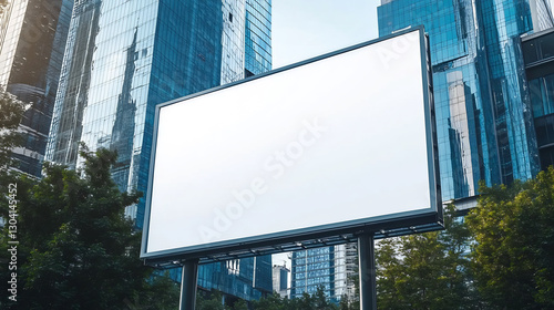 Wallpaper Mural Large blank billboard mockup set against a backdrop of glass skyscrapers and green trees. Ideal for outdoor advertising, branding, and marketing presentations. High-resolution and editable Torontodigital.ca