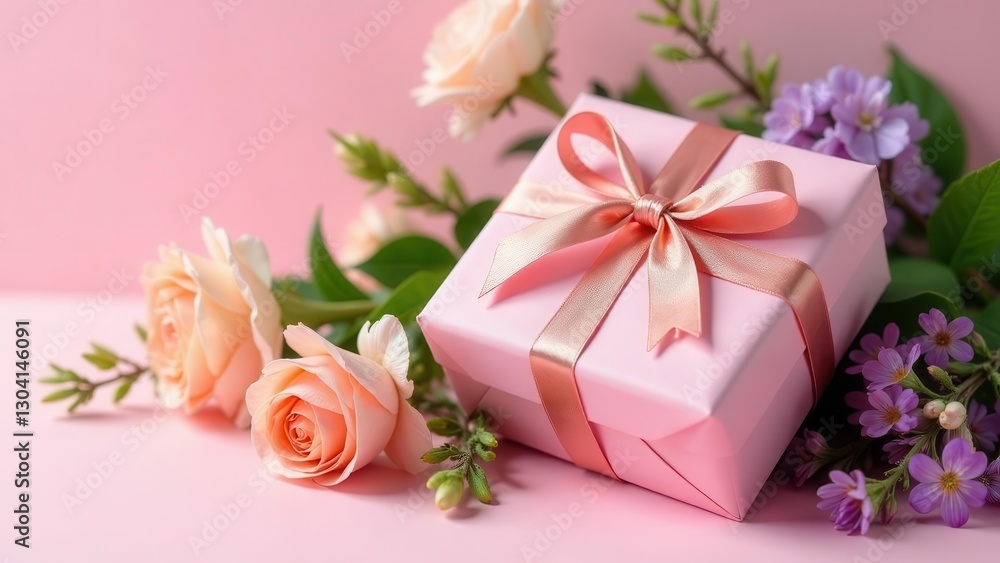 A Delicate Pink Gift Box Adorned with a Rose Gold Ribbon, Nestled Among Peach Roses and Purple Flowers on a Soft Pink Background A Delicate Pink Gift Box Adorned with a Rose Gold Ribbon, Nestled Among Peach Roses and Purple Flowers on a Soft Pink Background