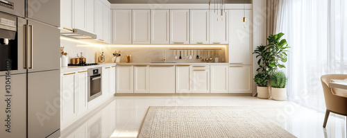 High end traditional kitchen with soft daylight, featuring elegant cabinetry, modern appliances, and cozy atmosphere. space is enhanced by natural light and greenery