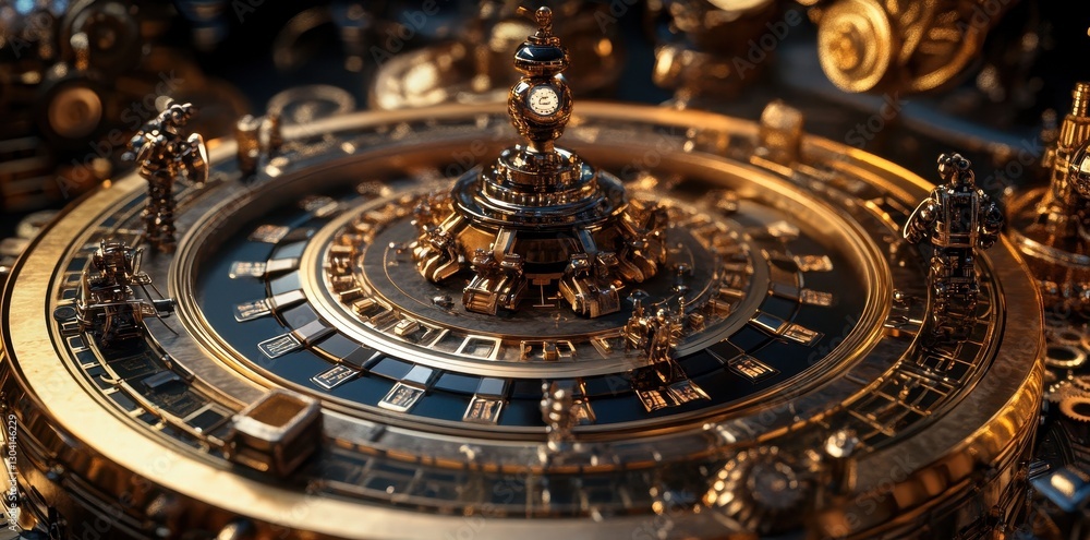 Intricate golden and black clockwork mechanism with detailed miniature figures Intricate golden and black clockwork mechanism with detailed miniature figures