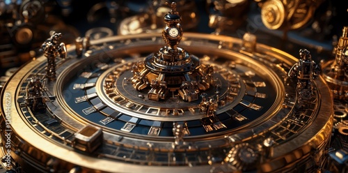 Wallpaper Mural Intricate golden and black clockwork mechanism with detailed miniature figures Torontodigital.ca