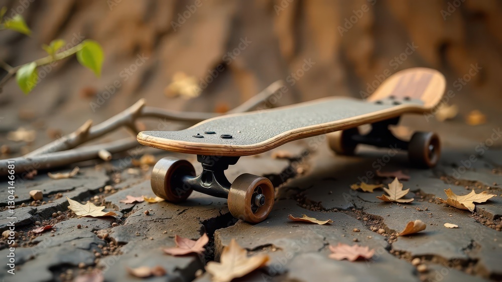 Obraz premium A Small Cruiser Skateboard Rests on a Cracked Pavement Surface Amongst Fallen Autumn Leaves