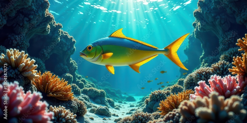 Naklejka premium A Vibrant Yellow-Finned Fish Gracefully Navigates a Thriving Underwater Coral Reef Ecosystem
