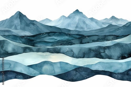 Wallpaper Mural A serene watercolor landscape featuring layered mountains and flowing hills in shades of blue and green, evoking tranquility and nature's beauty. Torontodigital.ca