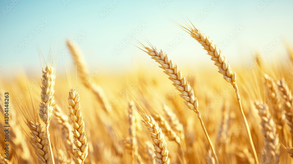 Golden wheat field under clear blue sky, evoking sense of tranquility Golden wheat field under clear blue sky, evoking sense of tranquility