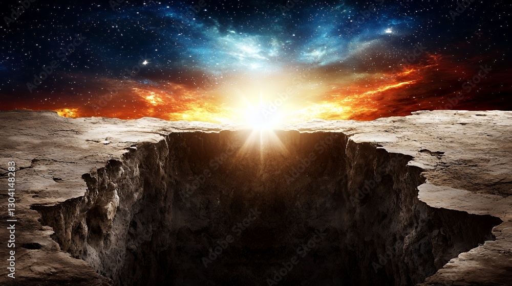 Naklejka premium Alien Planet Landscape: Cosmic Sunrise over a Deep Gorge