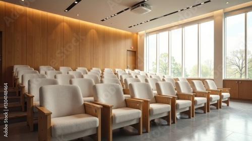 Wallpaper Mural Modern Auditorium with Light-Colored Seating and Natural Wood Accents, Offering a Serene and Inviting Atmosphere for Presentations and Gatherings Torontodigital.ca