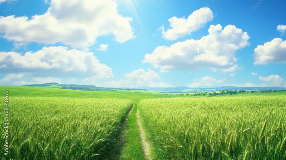 Obraz premium Lush green wheat field under bright blue sky with fluffy clouds