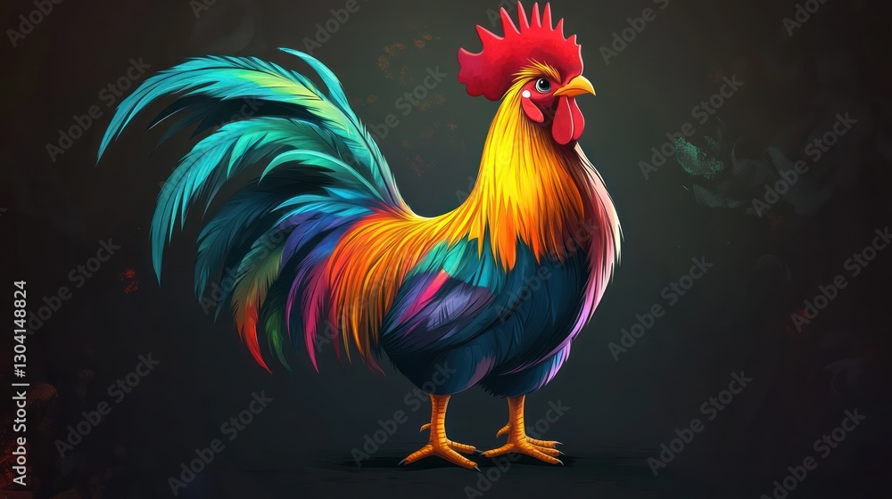 Fototapeta premium Colorful rooster portrait, dark background, farm animal, illustration