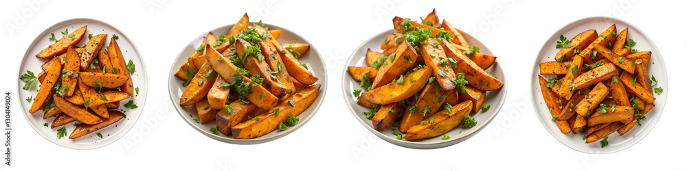 Golden crispy sweet potato wedges on a isolated transparent background.