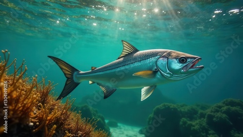A Majestic Silver Fish Swims Through Vibrant Underwater World Near Coral Reef