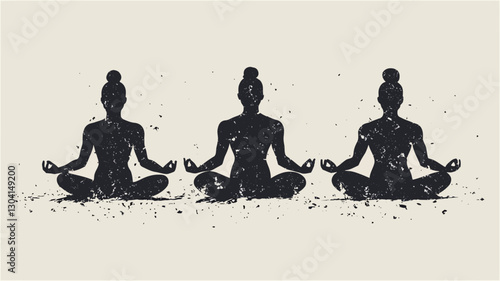 The image depicts three stylized silhouettes of women sitting in a meditative yoga posture.  The silhouettes are rendered in black with a textured, slightly distressed effect, suggesting a