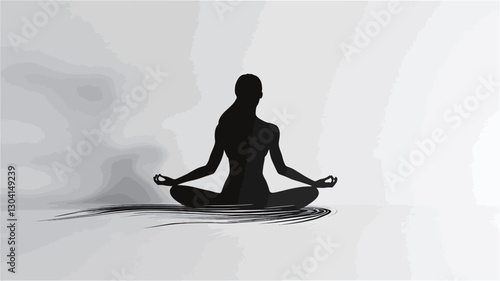 The image shows a black silhouette of a person seated in a lotus position against a bright white background. The silhouette is detailed enough to show the body posture and hand positions