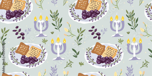 An elegant Seder plate with matzah, bitter herbs, charoset, and a roasted bone, as well as a small candle glowing gently that reflects the warmth and simplicity of Passover Eve.