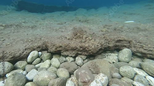 Underwater scene, sun rays, sun beam, fishes and rocks at Butterfly Valley Coast in Fethiye, Mugla, Turkey