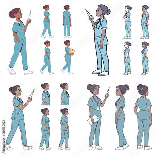 Female hospital nurse holding syringe vector illustration. Character constructor for animation. Front, side and back view set. Body parts, postures, poses collection